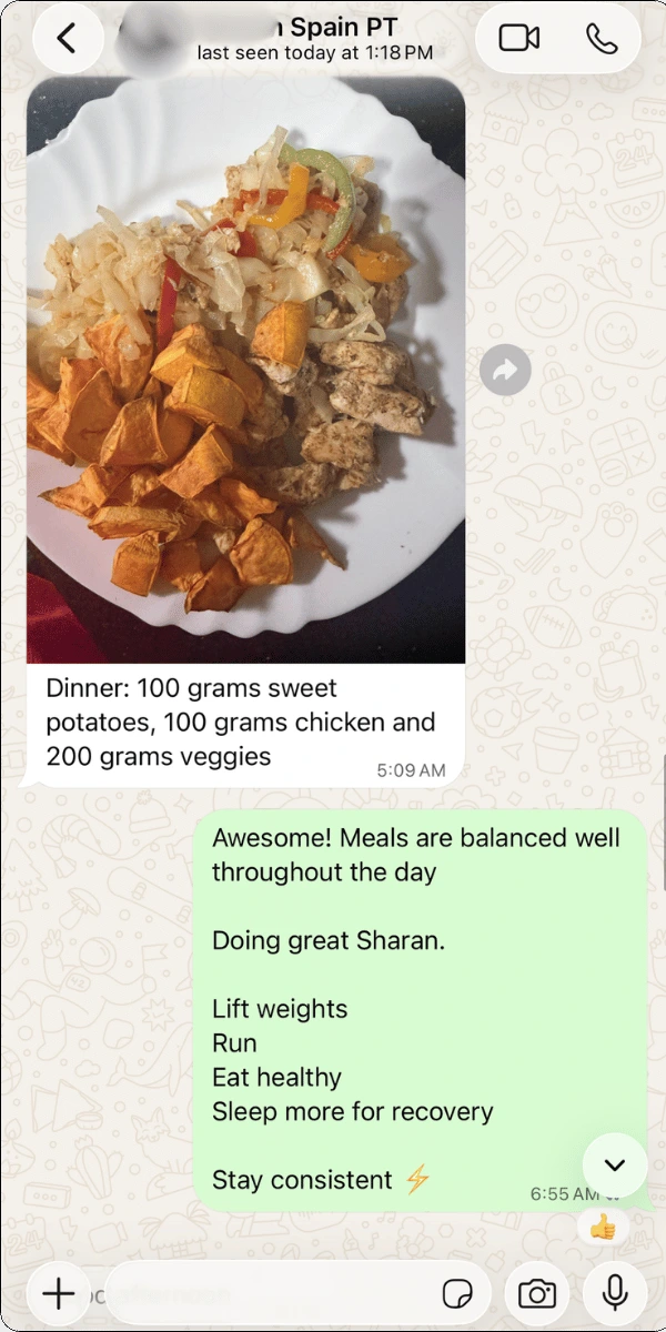 Indian fitness coach daily followups on WhatsApp